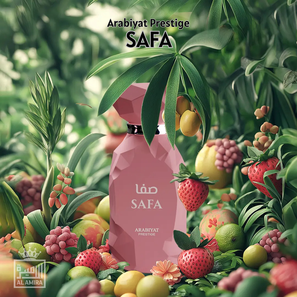 Pink bottle labeled 'SAFA' surrounded by fruits and plants with 'Arabiyat Prestige' branding. Safa by Arabiyat Prestige Womens Perfume