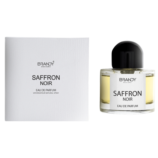 Saffron Noir perfume bottle and packaging on a white background