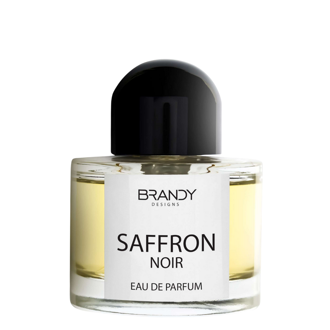 Saffron Noir eau de parfum bottle with black cap on a white background