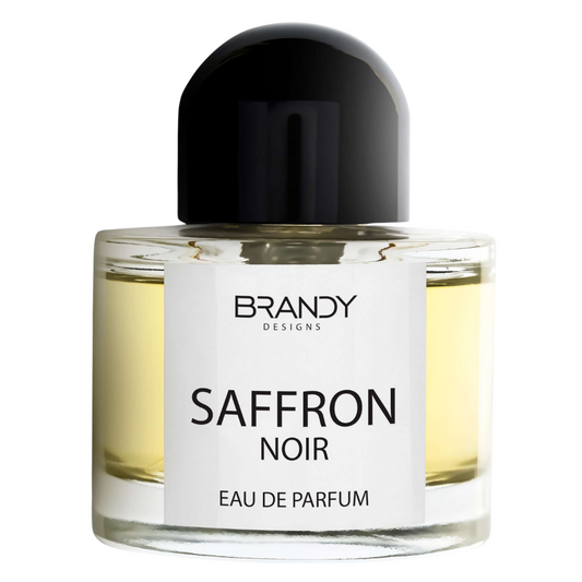 Saffron Noir eau de parfum bottle with black cap on a white background