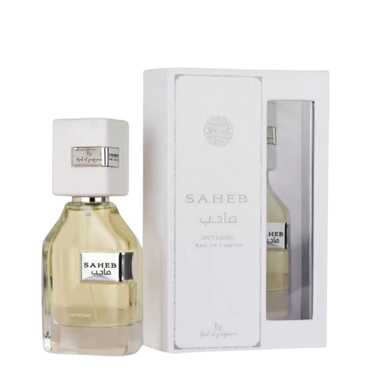 Saheb Intense Eau de Parfum 100ml by Ard Al Zaafaran with elegant white packaging, a long lasting perfume for men and women, inspired by Louis Vuitton Imagination.