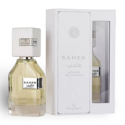 Saheb Intense Eau de Parfum 100ml by Ard Al Zaafaran with elegant white packaging, a long lasting perfume for men and women, inspired by Louis Vuitton Imagination.