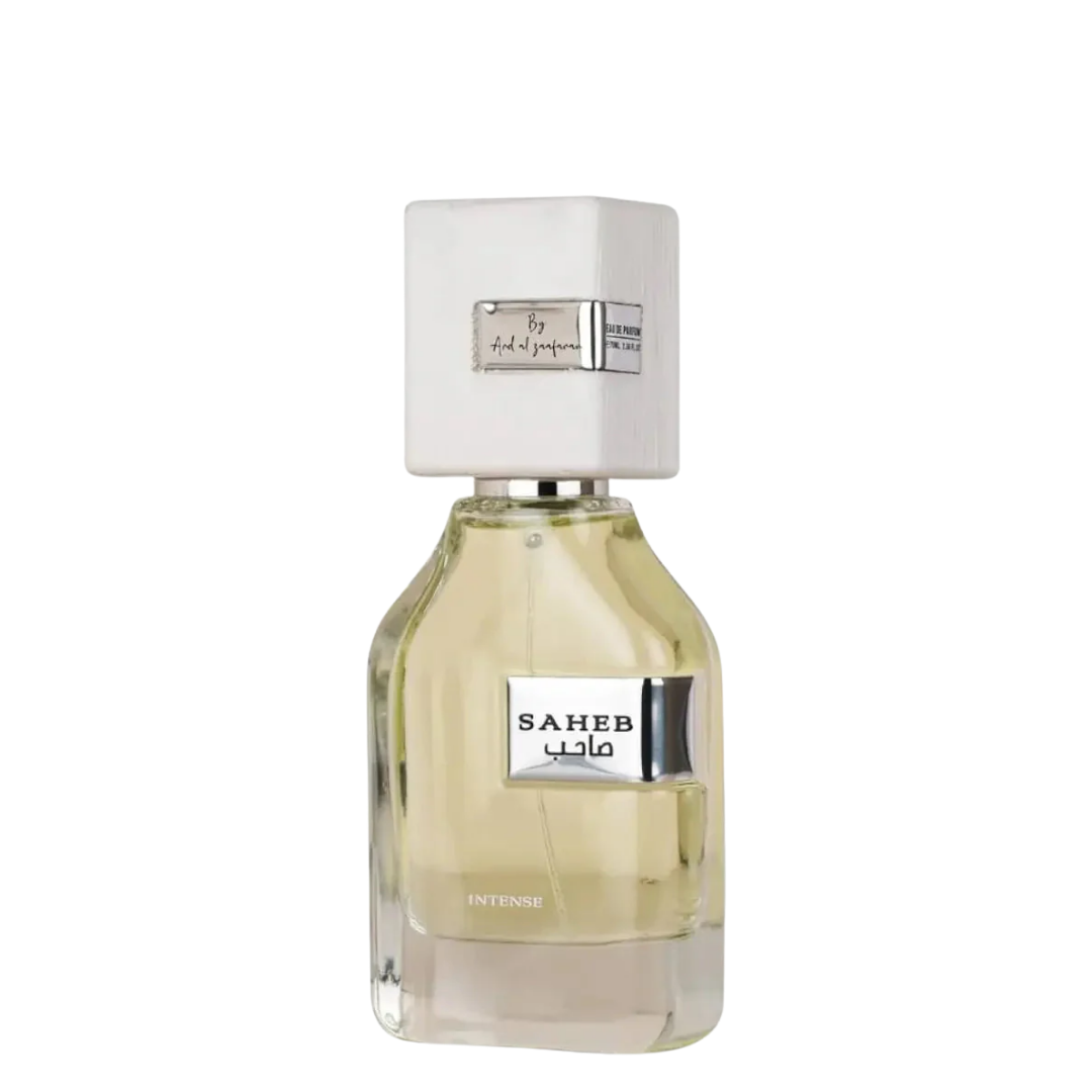 Close-up of Saheb Intense perfume bottle, a refined Arabian fragrance for men and women.