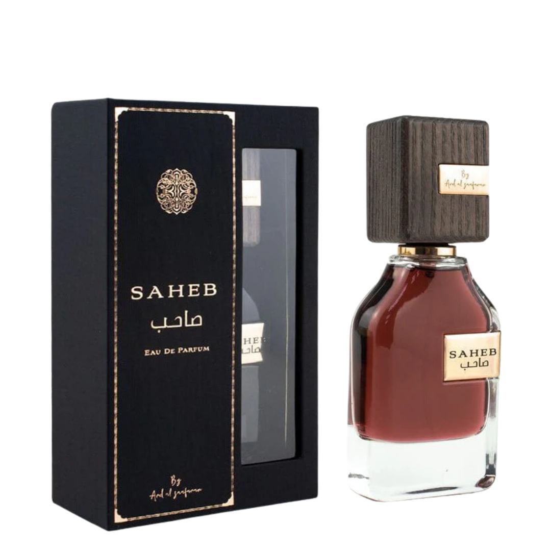 SAHEB perfume bottle and packaging on a white background. Saheb by Ard Al Zaafaran Unisex Perfume