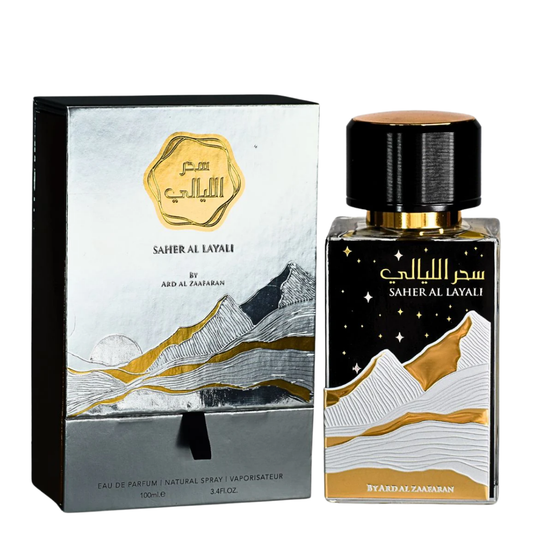 Perfume bottle and packaging of Saher Al Layali by Ard Al Zaafaran with mountain design.