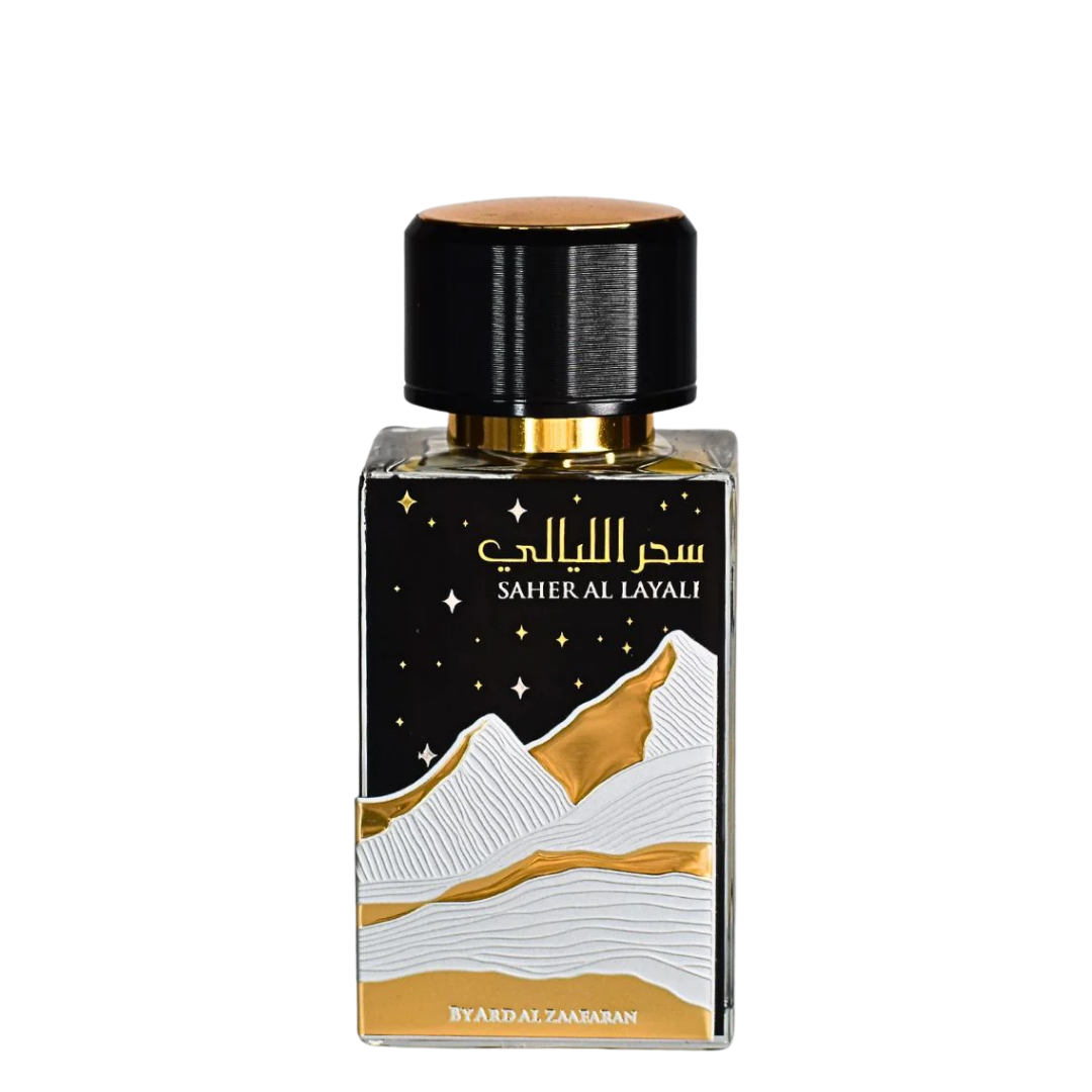 Perfume bottle with mountain design and 'Saher Al Layali' branding on a white background