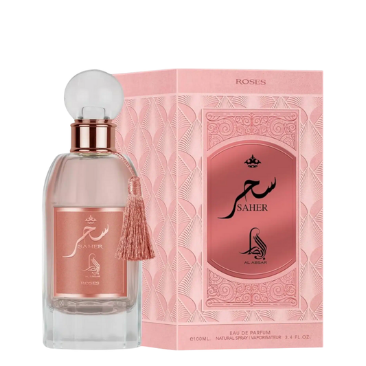 Saher perfume bottle and packaging on a white background. Saher Roses by Al Absar Womens Perfume