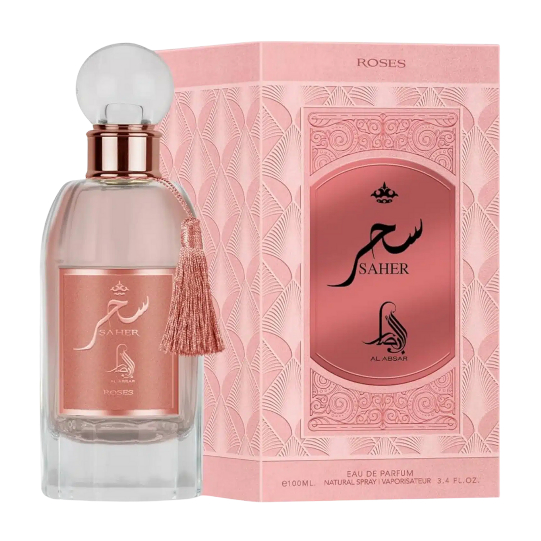 Saher perfume bottle and packaging on a white background. Saher Roses by Al Absar Womens Perfume