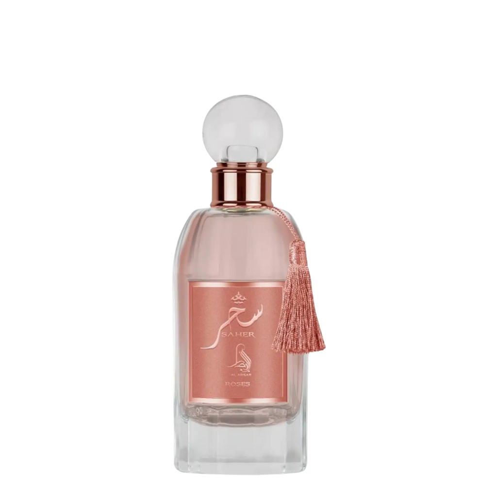 Perfume bottle with a pink label on a white background. Saher Roses by Al Absar Womens Perfume