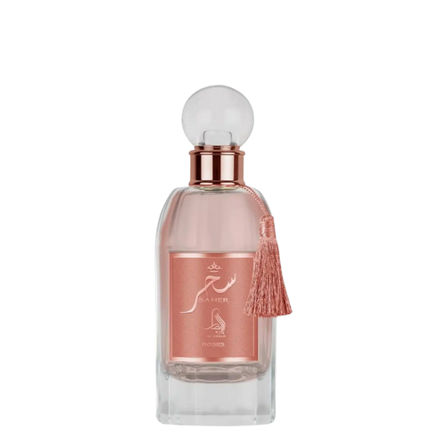 Perfume bottle with a pink label on a white background. Saher Roses by Al Absar Womens Perfume