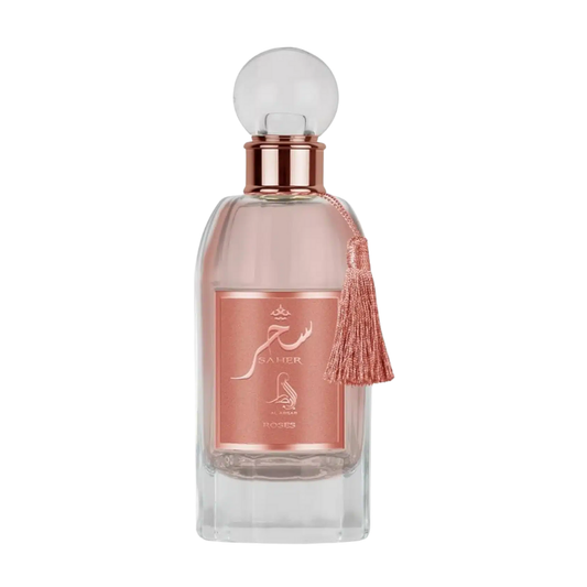 Perfume bottle with a pink label on a white background. Saher Roses by Al Absar Womens Perfume
