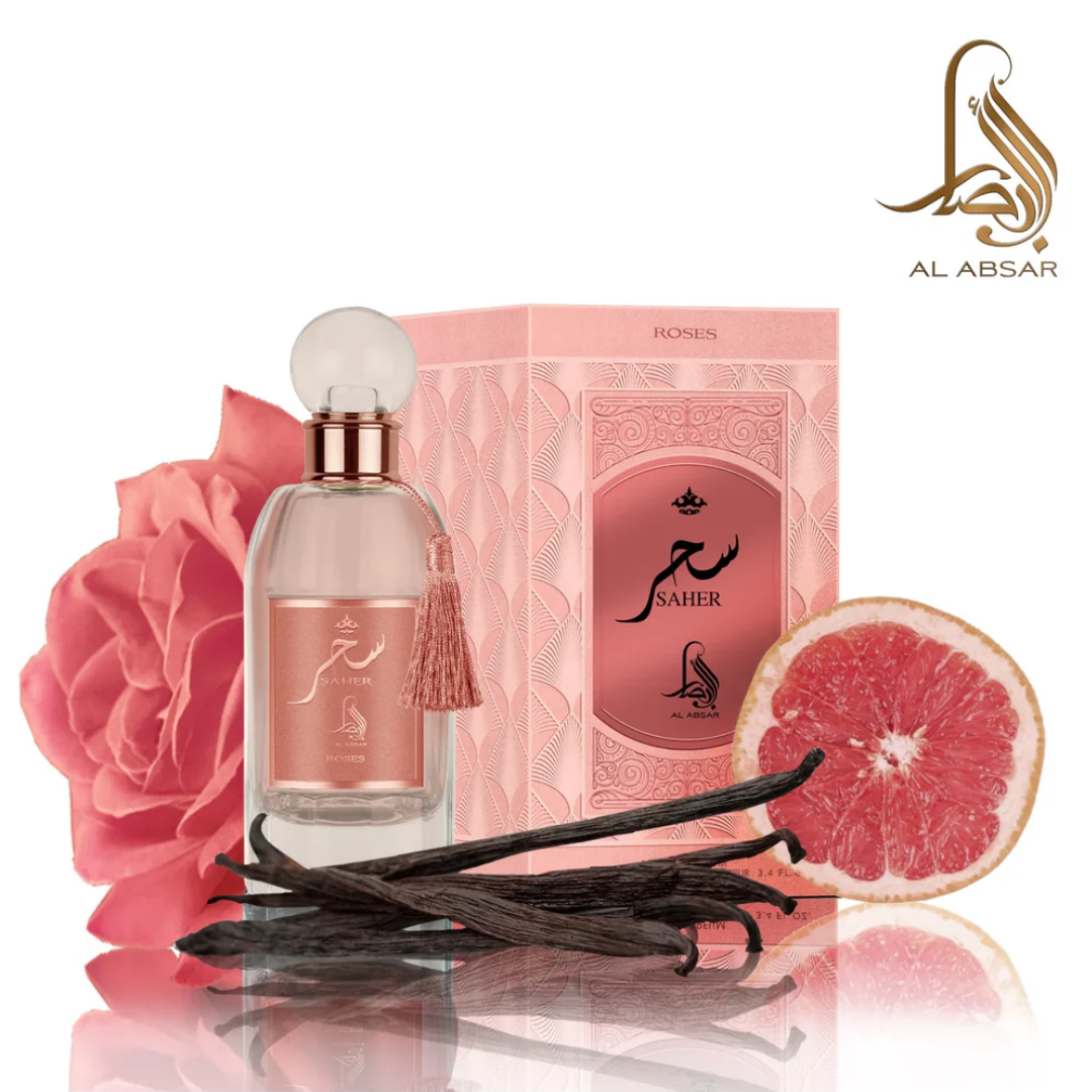 Perfume bottle, packaging, pink rose, grapefruit, vanilla beans on a white background with Al Absar logo. Saher Roses by Al Absar Womens Perfume