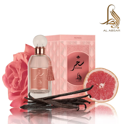 Perfume bottle, packaging, pink rose, grapefruit, vanilla beans on a white background with Al Absar logo. Saher Roses by Al Absar Womens Perfume