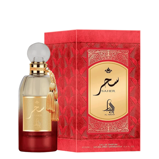 Perfume bottle and packaging with 'Saher' branding on a white background