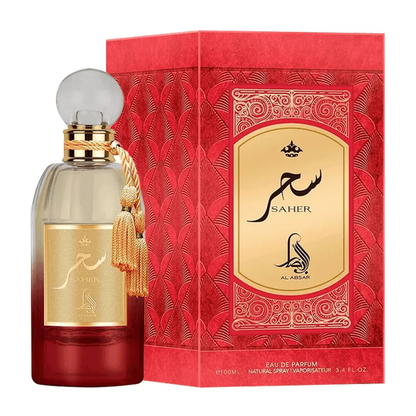 Perfume bottle and packaging with 'Saher' branding on a white background