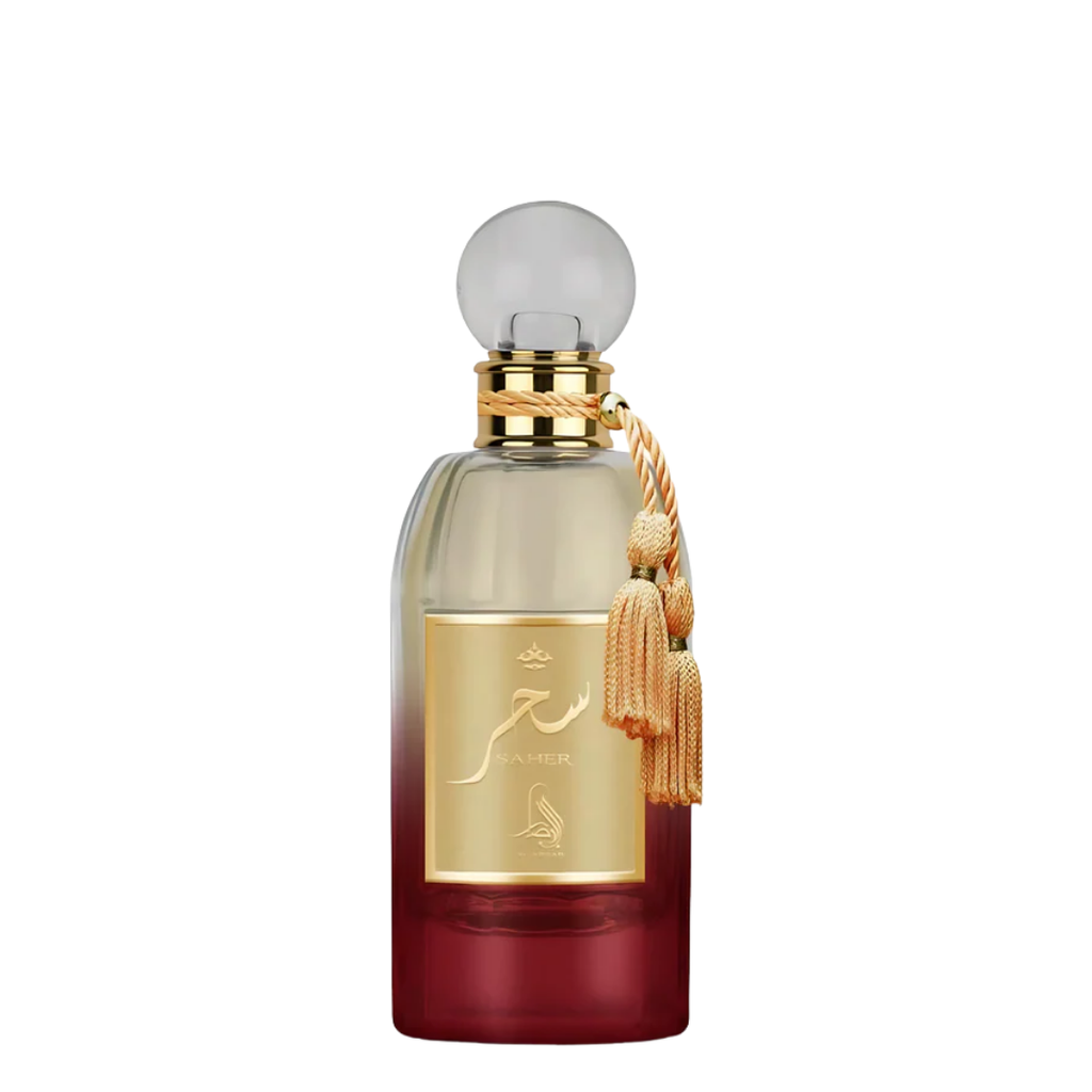 Perfume bottle with gold cap and label on a white background. Saher by Al Absar Womens Perfume