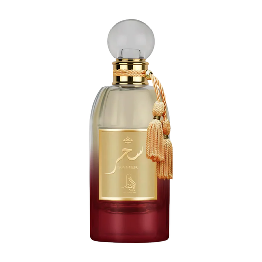 Perfume bottle with gold cap and label on a white background. Saher by Al Absar Womens Perfume