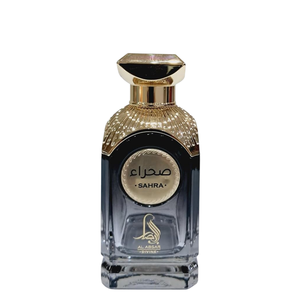 Perfume bottle with gold cap and clear body on a white background. Sahra by Al Absar Mens Perfume
