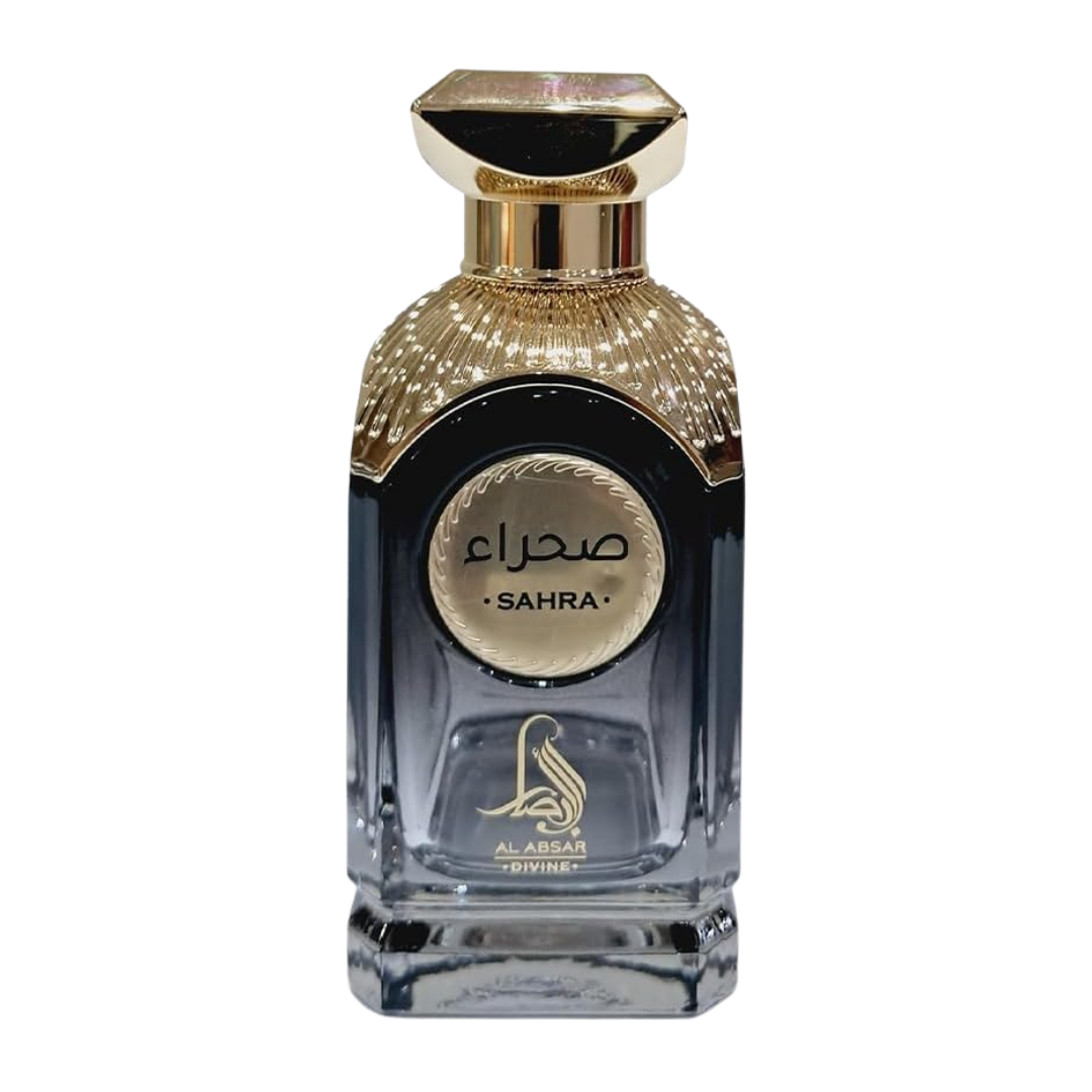 Perfume bottle with gold cap and clear body on a white background. Sahra by Al Absar Mens Perfume