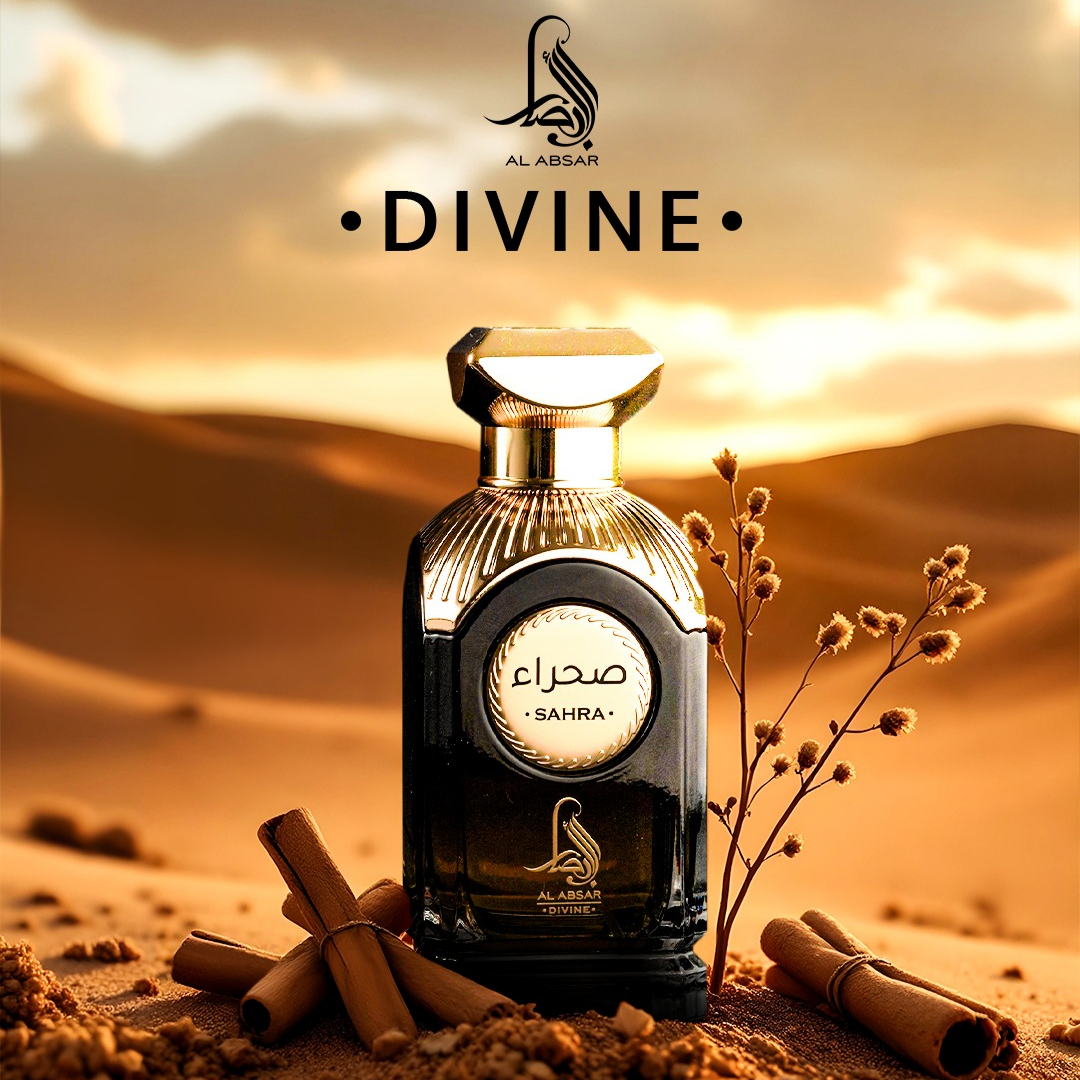 Perfume bottle labeled 'Divine' by Al Absar with desert background. Sahra by Al Absar Mens Perfume