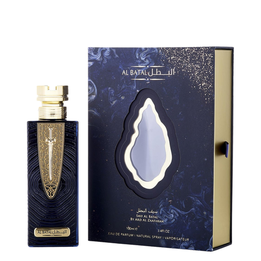 Perfume bottle and packaging of Al Batal with gold accents on a white background. Saif Al Batal by Ard Al Zaafaran Mens Perfume