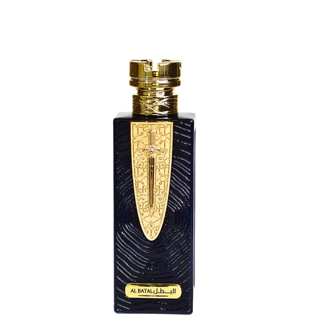 Perfume bottle with gold cap and detailed design on a white background. Saif Al Batal by Ard Al Zaafaran Mens Perfume