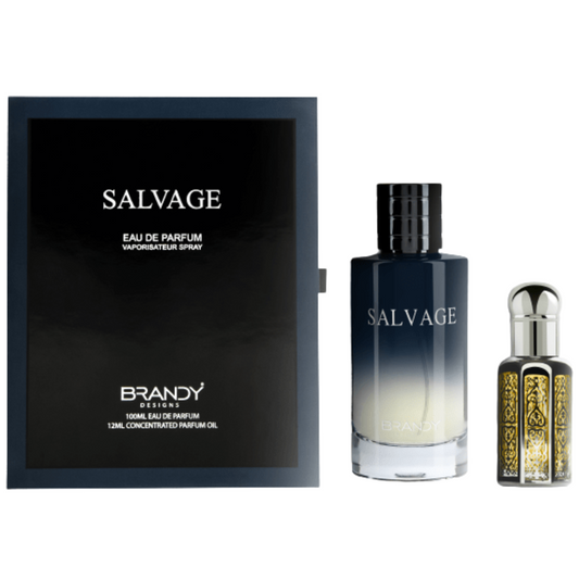 Two 'Salvage' perfume bottles on a white background. Salvage Giftset by Brandy Designs Mens Perfume
