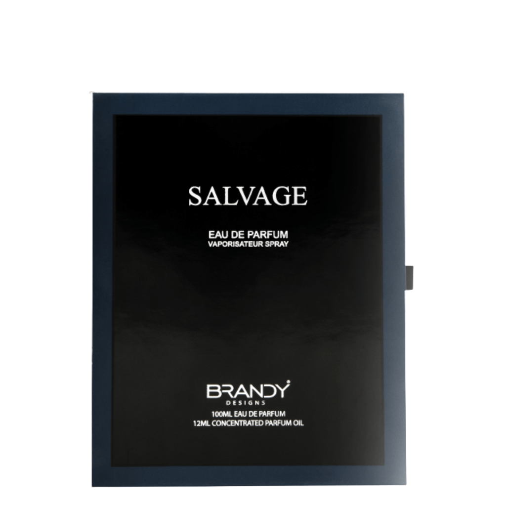 Black packaging of Salvage Eau de Parfum by Brandy Designs on a white background. Salvage Giftset by Brandy Designs Mens Perfume