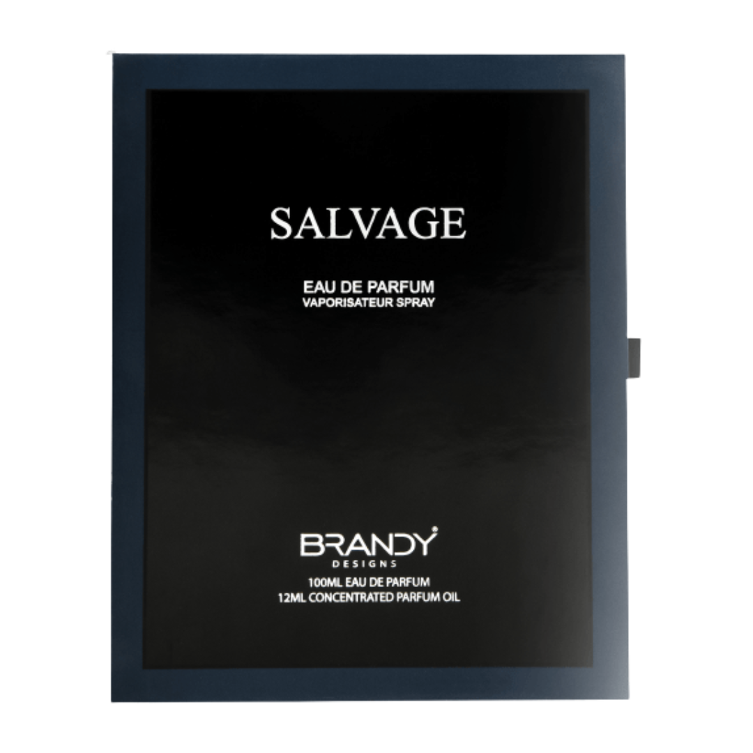 Black packaging of Salvage Eau de Parfum by Brandy Designs on a white background. Salvage Giftset by Brandy Designs Mens Perfume
