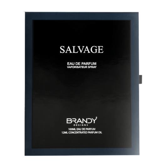 Black packaging of Salvage Eau de Parfum by Brandy Designs on a white background. Salvage Giftset by Brandy Designs Mens Perfume