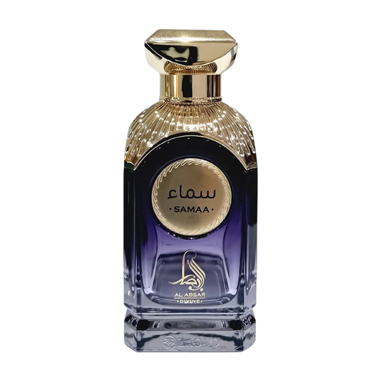 Perfume bottle with gold cap and blue body on a white background. Samaa by Al Absar Womens Perfume