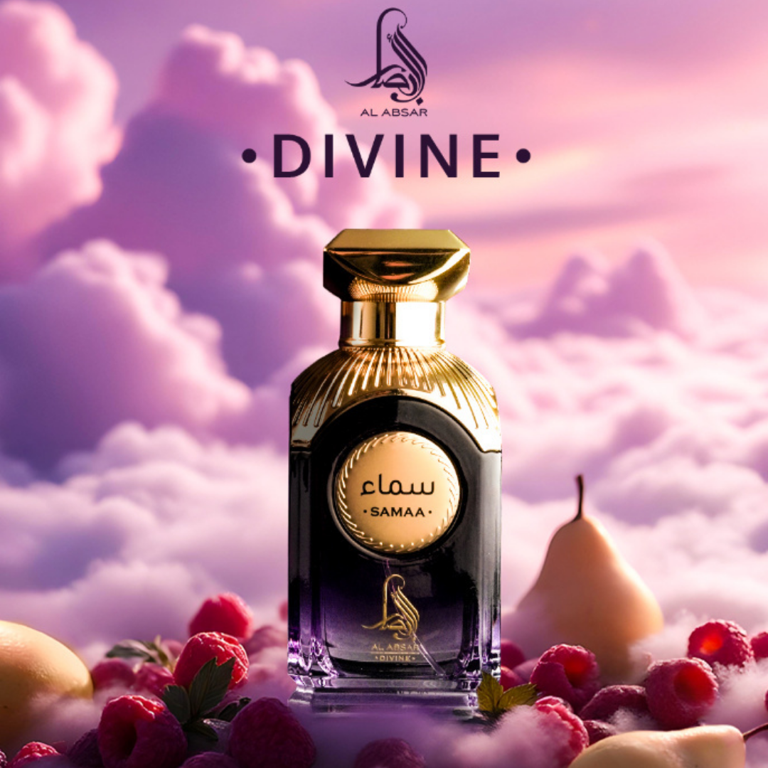 Perfume bottle with 'Al Absar' branding against a cloud and fruit background. Samaa by Al Absar Womens Perfume