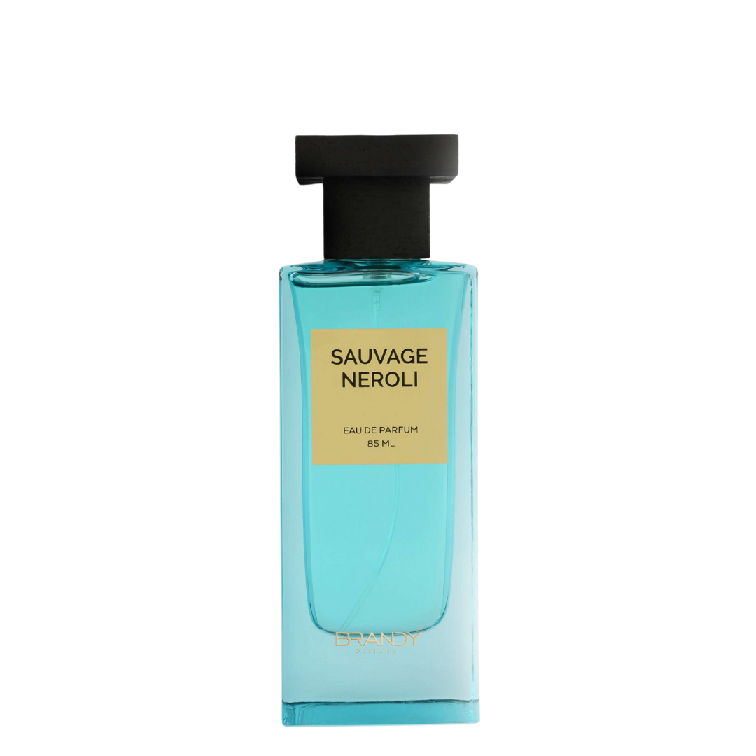 Sauvage Neroli Eau de Parfum 85ml by Brandy Designs – fresh aquatic blue fragrance bottle with modern minimalist label. 