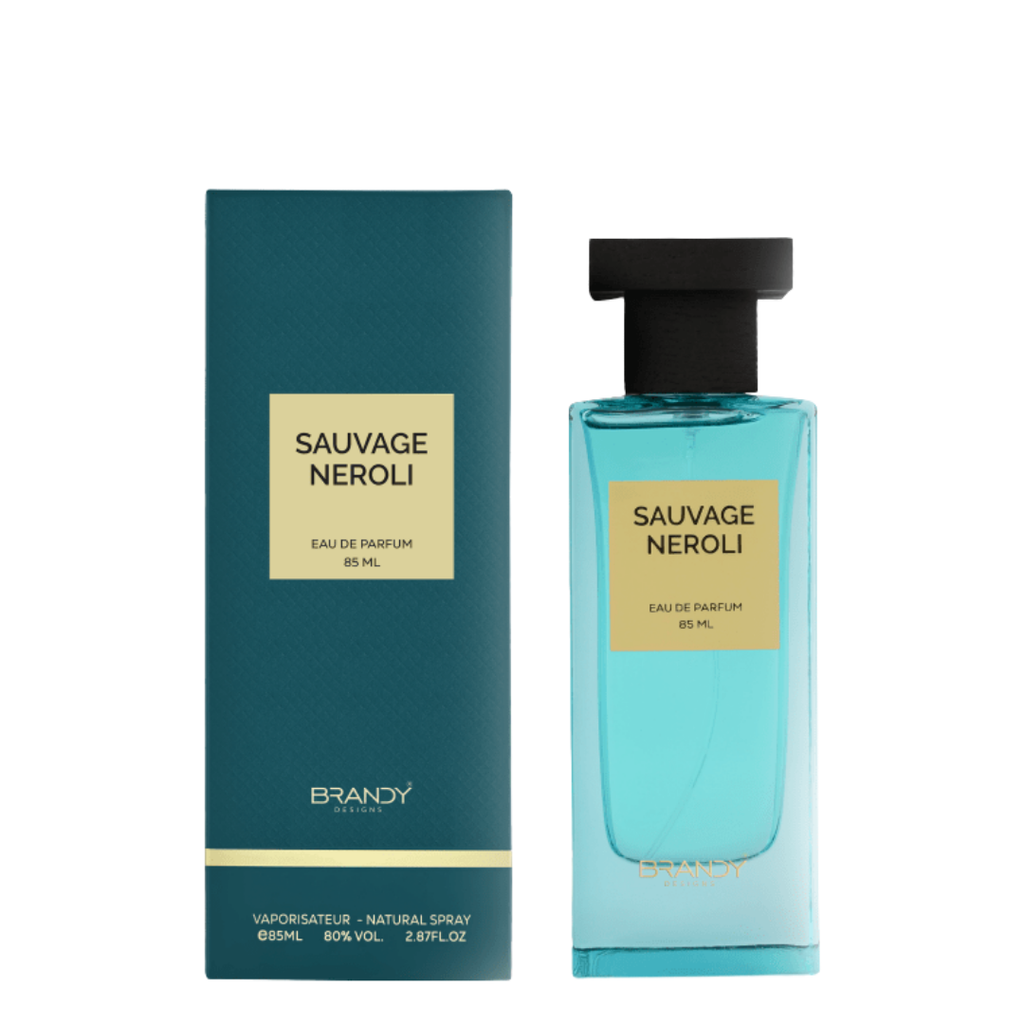 Sauvage Neroli Perfume by Brandy Designs – 85ml Eau de Parfum in teal box and sleek rectangular bottle | citrus neroli scent for men and women. 