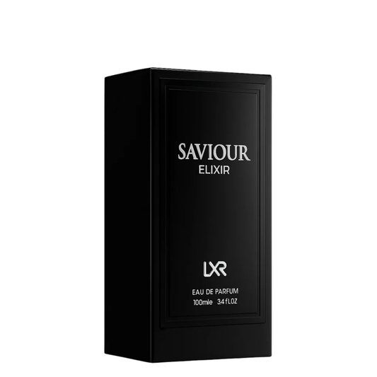 Black perfume bottle packaging of Saviour Elixir with LXR branding on a white background