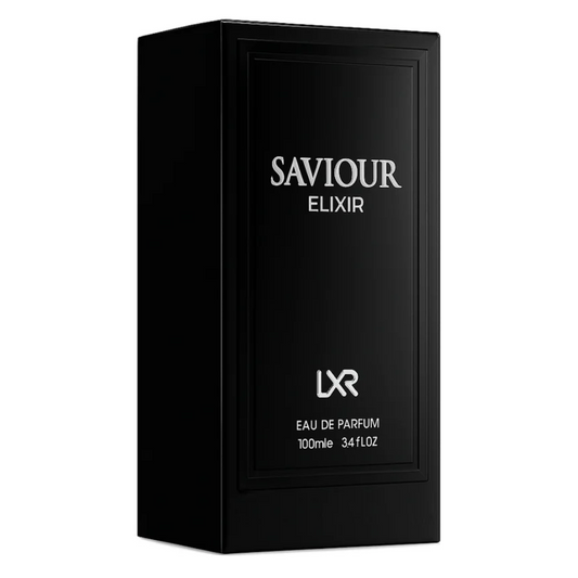 Black perfume bottle packaging of Saviour Elixir with LXR branding on a white background