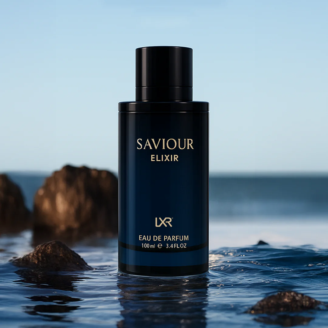 Saviour Elixir perfume bottle in water with rocks and sky in the background