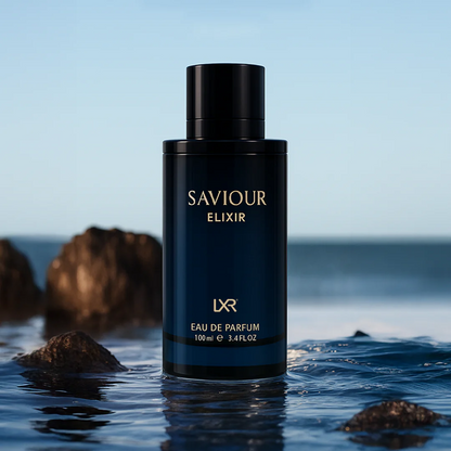 Saviour Elixir perfume bottle in water with rocks and sky in the background