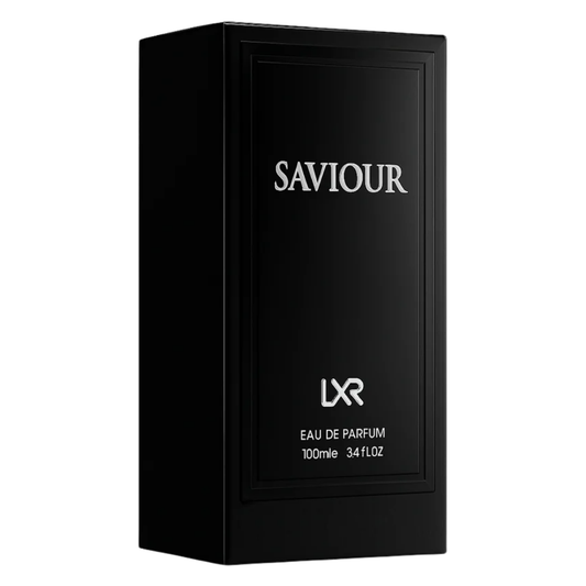 Black perfume bottle packaging with 'Saviour' and 'LXR' branding on a white background. Saviour by LXR Mens Perfume