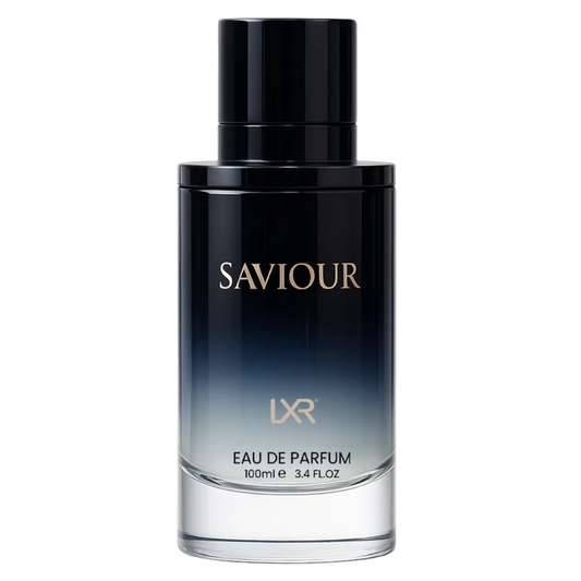 Saviour Eau de Parfum bottle with black cap and gradient label on a white background. Saviour by LXR Mens Perfume