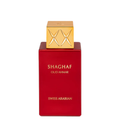 Red perfume bottle with gold cap on a white background, featuring 'Shaghaf Oud Ahmar' by Swiss Arabian.