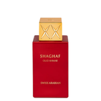 Red perfume bottle with gold cap on a white background, featuring 'Shaghaf Oud Ahmar' by Swiss Arabian.