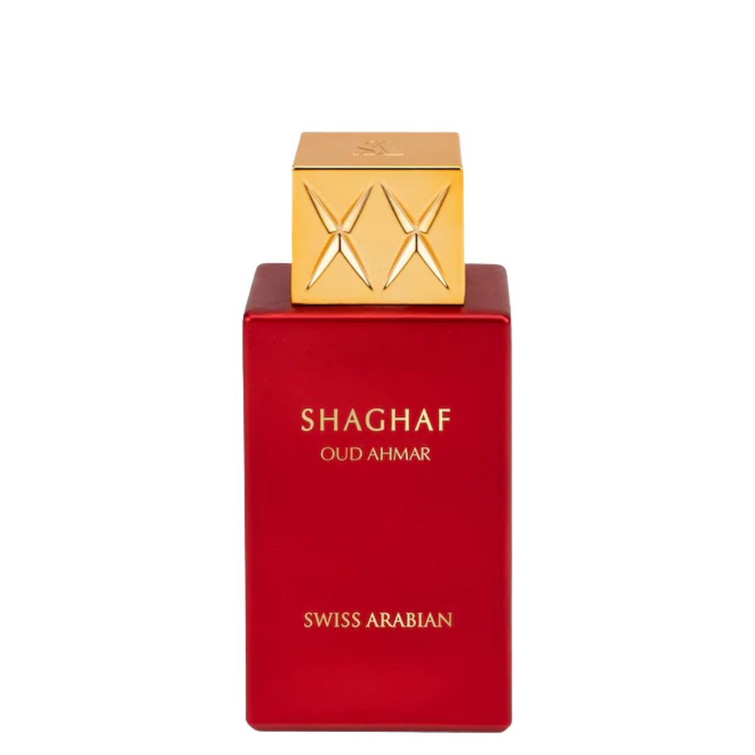 Red perfume bottle with gold cap on a white background, featuring 'Shaghaf Oud Ahmar' by Swiss Arabian.