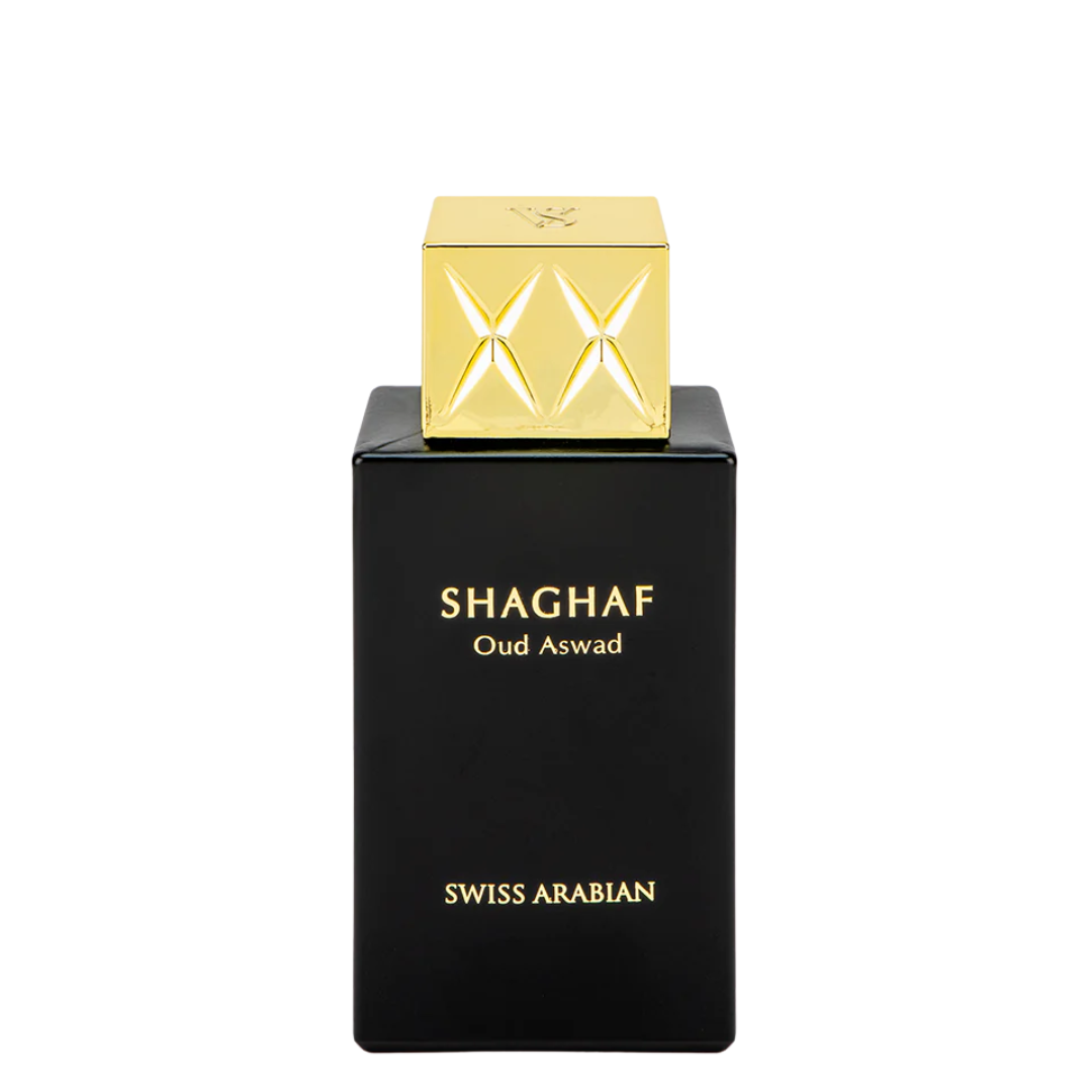 Shaghaf Oud Aswad perfume bottle by Swiss Arabian on a white background