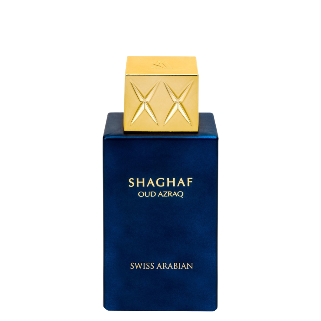 Blue and gold Shaghaf Oud Azraq perfume bottle on a white background