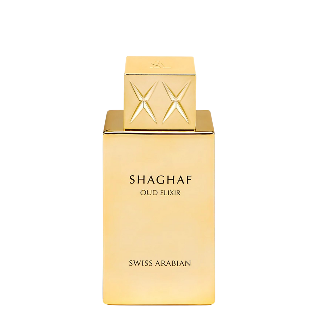 Gold Shaghaf Oud Elixir perfume bottle on a white background