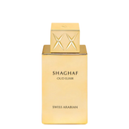Gold Shaghaf Oud Elixir perfume bottle on a white background