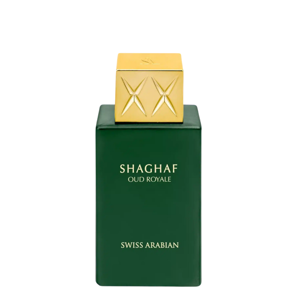 Green perfume bottle with gold cap on a white background. Shaghaf Oud Royale Unisex Perfume