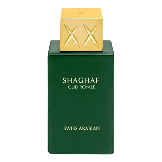Green perfume bottle with gold cap on a white background. Shaghaf Oud Royale Unisex Perfume