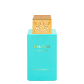 Turquoise perfume bottle with gold cap on a white background. Shaghaf Oud Tonka Unisex Perfume